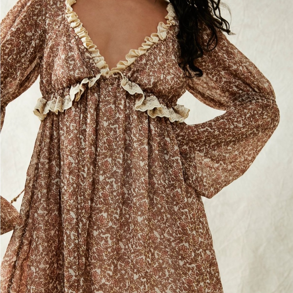 Free People Brown Cream Ruffled Tiered Mini Dress